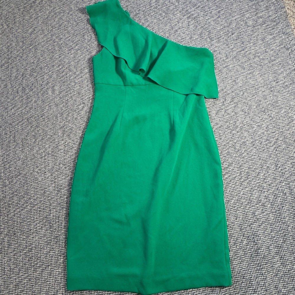 Trina Turk Green One Shoulder Ruffle Sheath Cocktail Dress Size 6